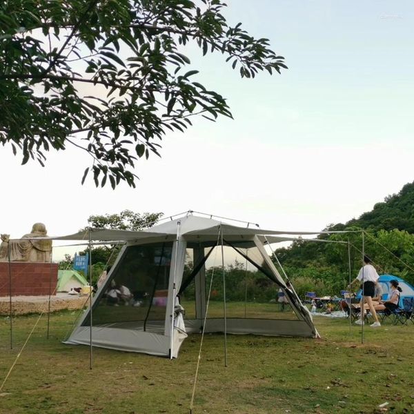 Zelte und Schutzhütten 5-8Persons Ultralarge Aluminiumlegierung Automatisch Baldachin Strandzelt Mückenmücken-Doppelschicht Anti-UV-Sonnenschutzmittel