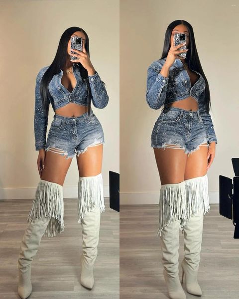 Traccettaci da donna bling jeans shorts outfit set sexy Women Elegant Two Pieces Diamonds Denim Club Matching Top