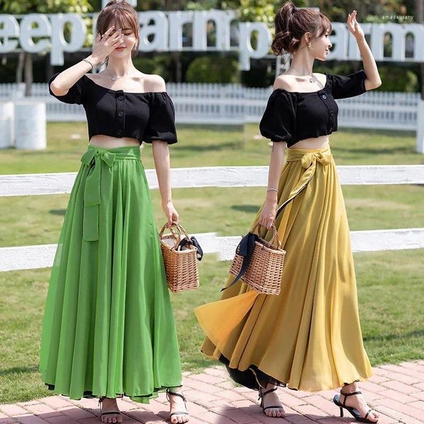 Röcke Tingyili Big Swing Zwei Schichten Boho Chiffon Long Maxi Frauen Sommer hoher Taille Gürtelt A-Line-Rock Korean Tanz Ball