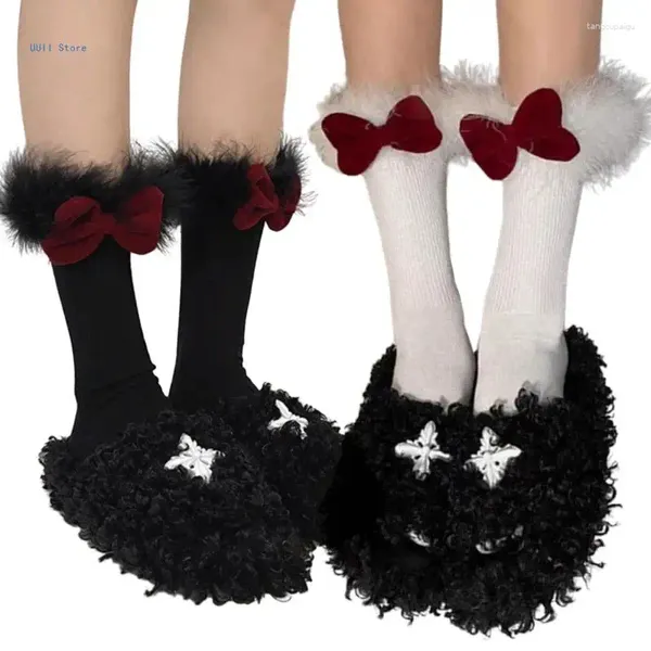 Mulheres meias de Natal Bowknot Furry Trim Calf Jk Girl Ribbed Tube Middle