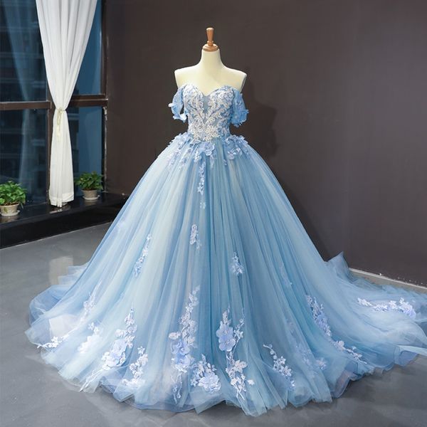 Abito da sposa colorato blu dalla spalla Abito da palla Principessa Fiori 3D Corsetto in pizzo Back Abito da sposa non bianco Romantico 295V