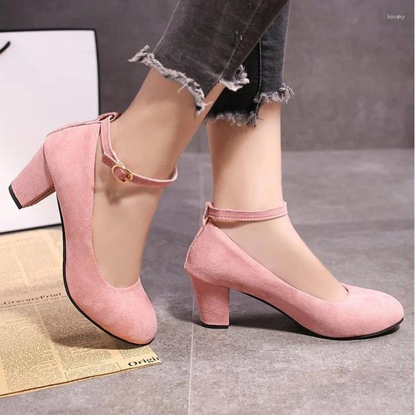 Sapatos de vestido rebanho de tornozelo bombeia mulher 2024 rosa redondo de calcanhar alto mulheres calcanhar grosso escritório calçados