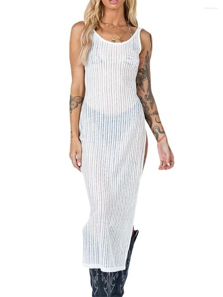 Lässige Kleider Frauen Sommer Midi Slim Kleid weiß ärmellose runden Hals hohen Split Sheer