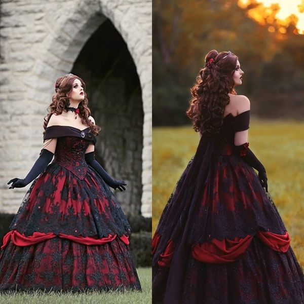 Abiti da sposa in pizzo rosso e nero Vintage 2022 Due strati Skirt dalla spalla Rhinestones Abito da sposa principessa Vestidos de novi 3177