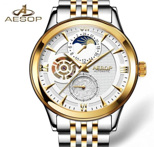 Aesop Moon Phase Watch Men Automático Mechanical Watch Fashion Gold Wrist Watches Wristwatch Relógio Masculino Men Relogio Masculino9721333