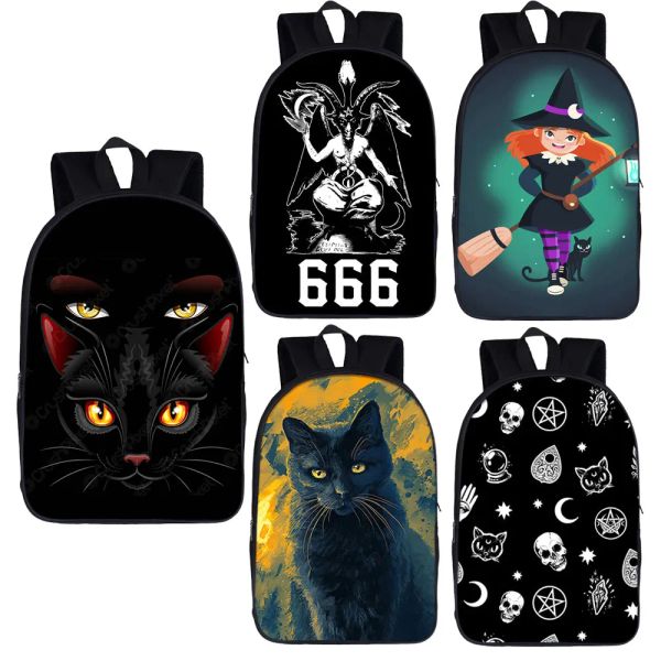 Borse witch black gatto stampa 666 zaino baphomet uomini donne witchcraft bambolo bambola borse per bambini adolescenti borse da scuola da 16 pollici da 16 pollici