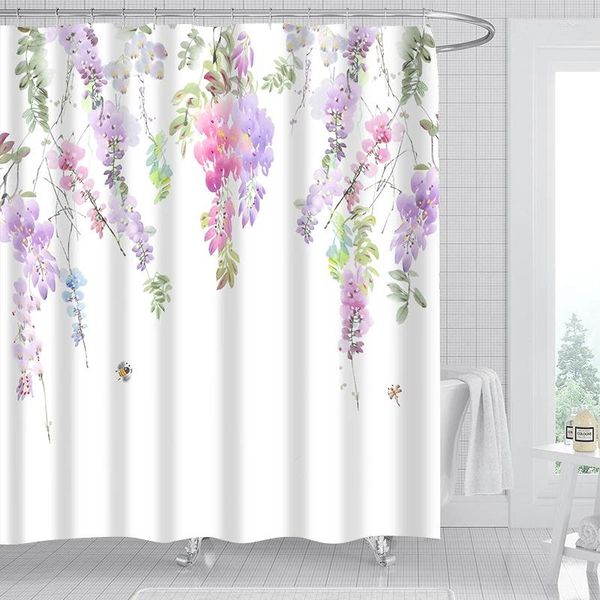 Duş perdeleri 1/4pcs güzel çiçek asma perdesi set kanalı ile kanca bitki çiçekleri baskılı banyo dekor