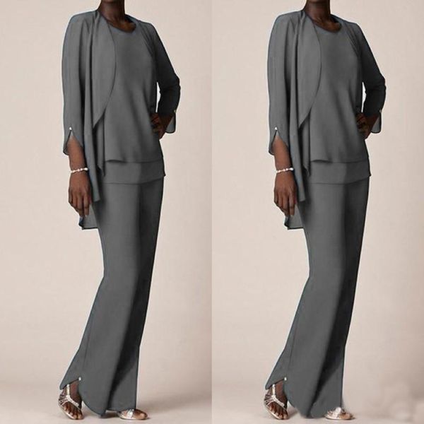 Grey Chiffon Formal Pant Abito per abiti da sposa madre indossano abiti da lunghi abiti da sposa con giacche più dimensioni personalizzate 294o