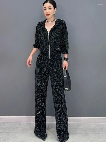 Zweiteilige Hosen von Frauen Vefadisa 2024 Sommer Black Fashion Set Kapuze mit Langschläfen Reißverschluss Pullover Weitbein HLX016