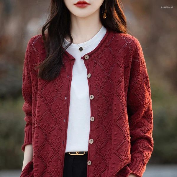 Magliette da donna cardigan primavera/autunno in cotone maglieria casual top per maglione a petto singolo giacca rotonda a collo vuoto