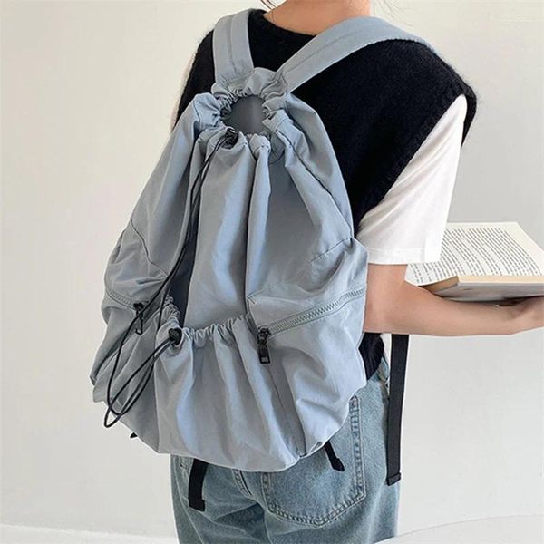 Bolsas escolares Moda Rouched Drawsting Mackpacks for Women Casual Nylon Lady Backpack Alunos leves Bolsa de grande capacidade SAC 2024