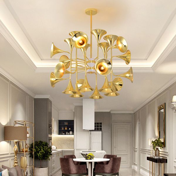 2024 Originalität Design ausgestattete Trompetenlampe Gold Kronleuchter Design Küchenausstellungshalle Studie Salzraum