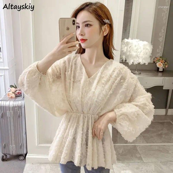 Frauenblusen Frauen Spring locker Fit V-Ausschnitt Langarm Fehlhärme plissierte koreanische Stil elegante Damen Casual Lace Chiffon Bodycon Solid Ulzzang