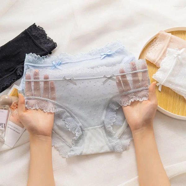 Calcinha feminina japonesa doce cintura média renda sexy arco malha fina breve cuech de algodão respirável para lingerie feminina