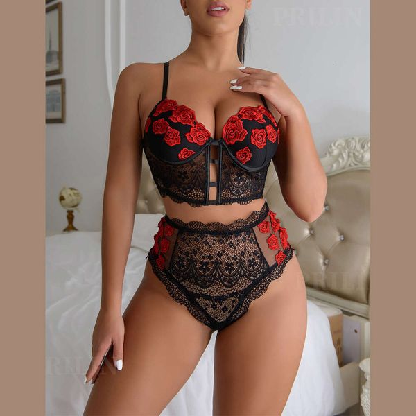 Lingerie divertida, Sexy Women's Red Lace Red Split Style Hollow Out Lingerie Set