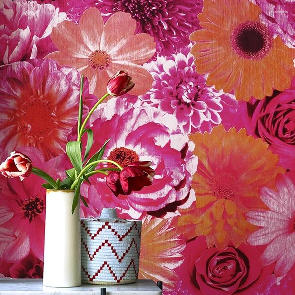 Papéis de parede Papéis de parede Luxo papel de parede floral metálico Rosa Red Daisy Peony Flower Wall Papel da sala de estar Decoração de quarto de murais à prova d'água