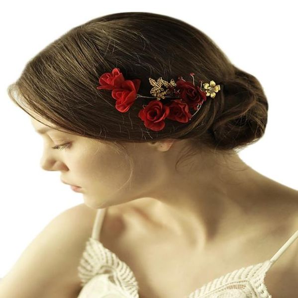 Vintage handgefertigtes rotes Rosenhaarclip Golden Blatt Strasssteine Blume Kopfstück Braut Hochzeit Accessoires8439441