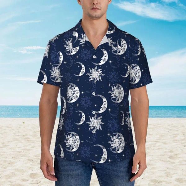 Мужские повседневные рубашки летние рубашки отдых солнце луна блузки ретро -принт крутые мужчины Короткие рукава удобные топы