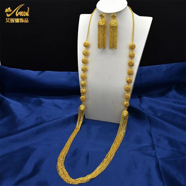 Dubai Luxury Long Halskette Ohrringe Sets für Braut Indian 24K Goldfarbe Halshöhe Schmuck mit Quasten Bankett Geschenke 240506