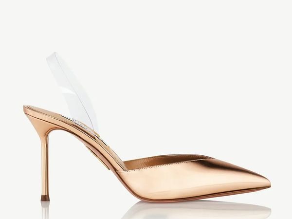 Summer Luxury V Plexi Sling Gold couro de ouro preso por tiras transparentes de slingback slingback tiras de tiras de slingback sapatos perfeitos lady de corte de salto alto de salto alto