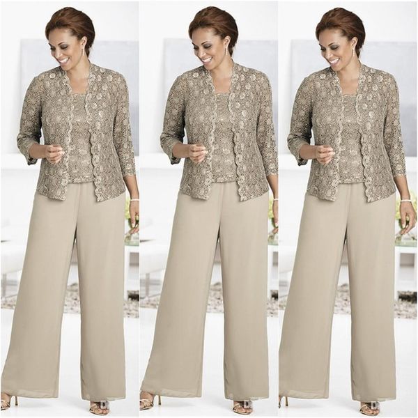 Plus Size Wedding Gäste Kleider billig maßgeschneiderte elegante Spitzen -Top -Mutter von Braut Hose Anzug Langarm 280o