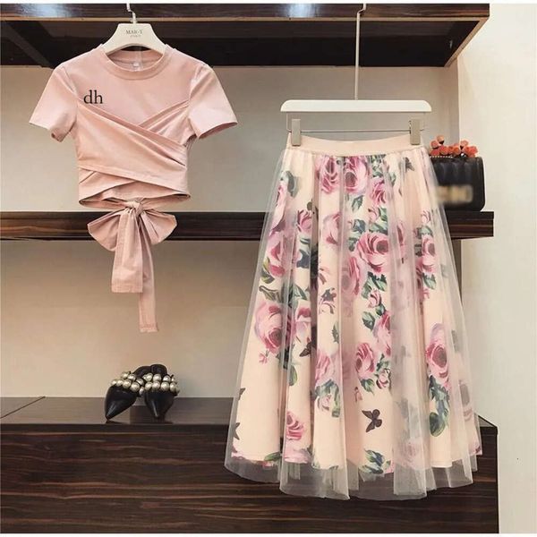 Floral Print Women Tam camiseta+malha de malha Suits Bowknot Vintage Duas peças conjuntos de mulheres elegantes 2019 Summer Girl Tees Tops feminino1 66