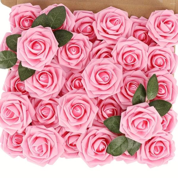 Fiori decorativi 25 pc artificiali Rose finte in schiuma rosa dall'aspetto reale con steli per bouquet di nozze fai -da -te centrotavola da doccia da sposa f