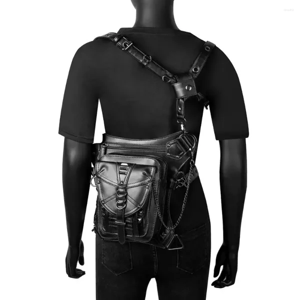 Rucksack Männer Frauen Schulter -Cross -Body -Tasche im Freien Motorradfahrbeutel Wandersportpension PU Leder Steampunk Bein Bein Taillenbeutel