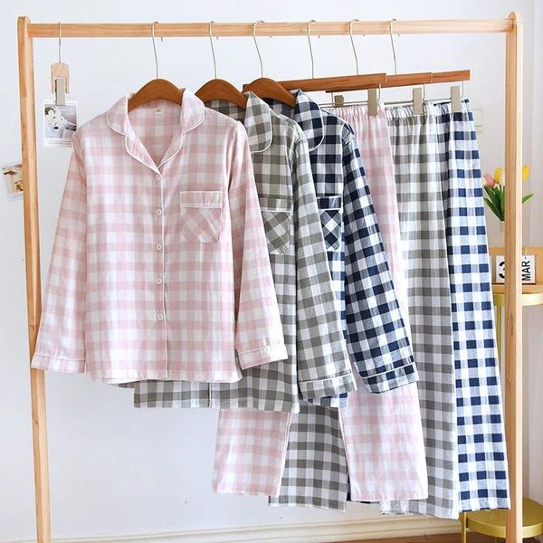 Женская одежда для сна пары чисто хлопковые пижамы с длинным рукавом большие и тонкие домашние одежды набор мужская марля