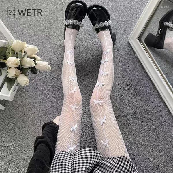 Frauen Socken Lolita Cosplay Girls Bowknot hohl aus Strumpfhosen sexy dünne Spitzenstrumpfhosen Anime Schwarze weiße Fischnetz -Seidenstrümpfe