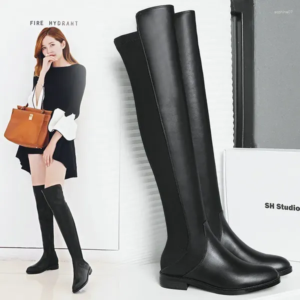 Stiefel Schöne Knie hohe Frauen Leder Square Low Heel Reißverschluss bequemer Herbst Winter lange Laides Schuhe schwarz schwarz