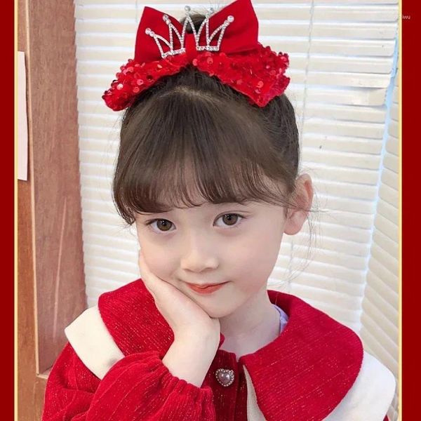 Acessórios para o cabelo Princess Crown Child's Clip lantejous ano vermelho Big Bow Girl Birthday Headwear