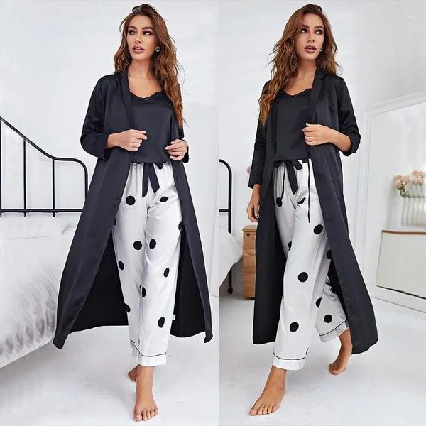 Roupas em casa Pijamas de pijama de terno de banho feminino com calças Campantes de cinta de cetim 3pcs Sleep Sleep Robe Wear Lingerie Casual Nightgown