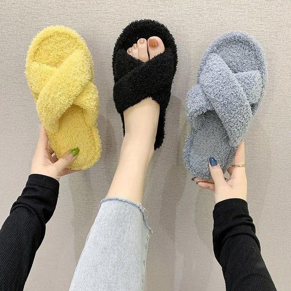 Slippers Hairy Women's Outer Wear Wear Winter Girls Home Casa Indoor Mulheres de fundo macio não deslizam algodão fofo