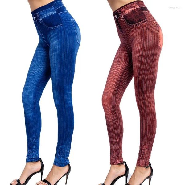 Leggings femminile femminile a strisce a strisce false jeans elastico slim esterno indossando la vita sexy sexy lift fashion yoga collant