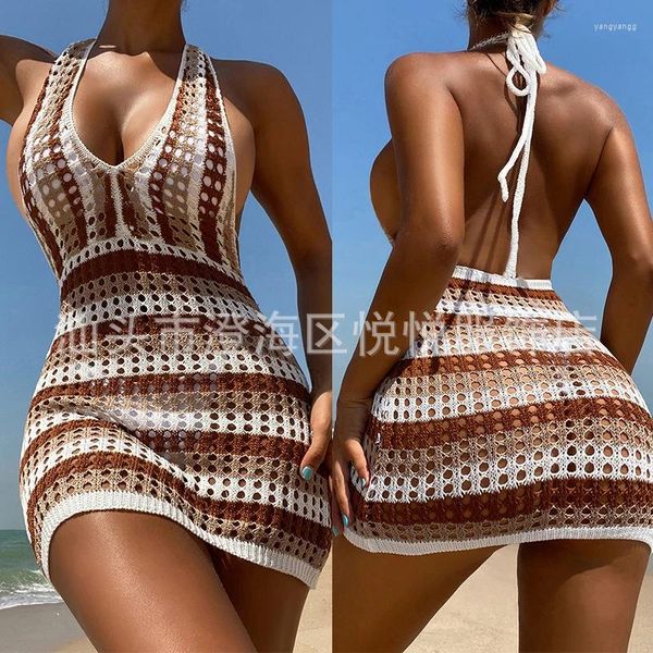 Bedeckt für Frauen Strand Cover Up Bad Outlet Kleid kurz mit weiß braunem Streifen Streifen Halsgurt sexy Rock Festes Polyester