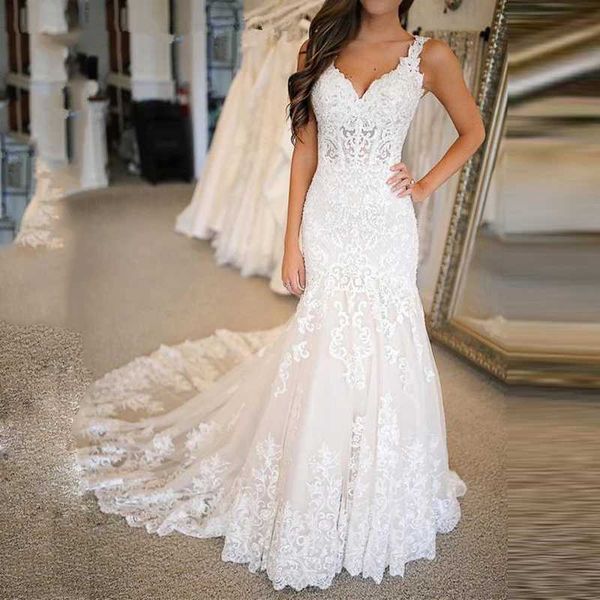 Temel gündelik elbiseler vestido de novia zarif vintage gelinlik uzun tren aplike deniz kızı gelinlikler dp v boyun tül özel elbiseler t240510