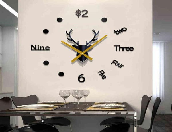 Orologio da parete 3D Specchio adesivi da parete Deer Head Creative Fai -te Gruppo grande orologio in quarzo Art Decal Sticker Soggiorno Decor H9102397