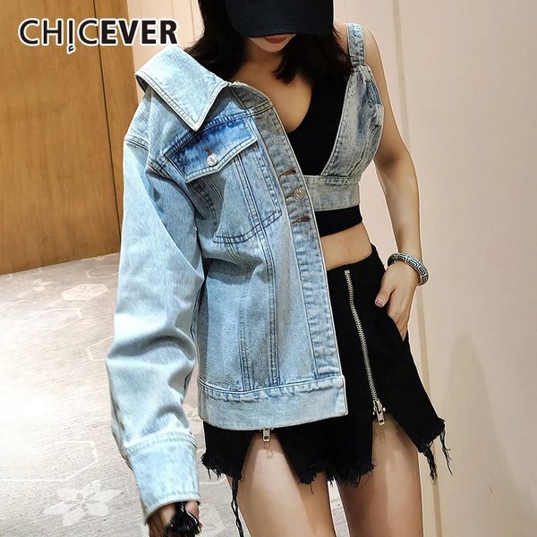 Chicever Denim -Jacken für Frauen gegen Nacken Langarm ein Shouder Patchwork Asymmetrische Hohllöcke Frau FALL FALL 240430