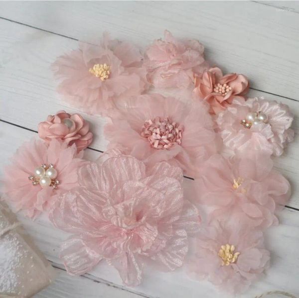 Dekorative Blumen 10pcs Set Pink Serie Mix 10 Styles Chiffon Organza Stoff Rose Hochzeitskleid Girls Kleidung Kopfbedeckungsdekoration DIY