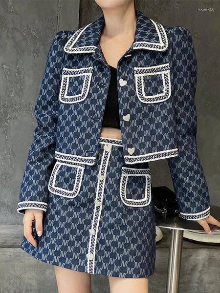 Arbeitskleider Streetwear Denim Rock zweiteils Set Frauen Herbst Vintage Letter Printed Mode Outfits Lapel Jackets Mini Bodycon -Röcke