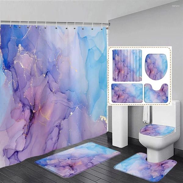 Cortinas de chuveiro Cortina roxa de mármore Definir a aquarela criativa Arte geométrica da decoração do banheiro moderno Tapete de banheiro tampa da tampa do banheiro