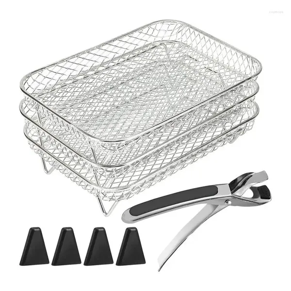 Caldeiras duplas aço inoxidável fritadeiro rack de rack de desidratador racks empilhável 3 camadas com pés de silicone para microondas