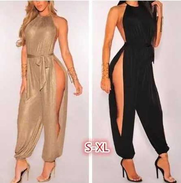 Damen -Jumpsuits ROMTER SEXY NEUE SCHLIT Weitbein Harem Jumpsuits Rompers Frauen Gold Schnüre -up Slveless Jumpsuits Overalls Clubwear T240510