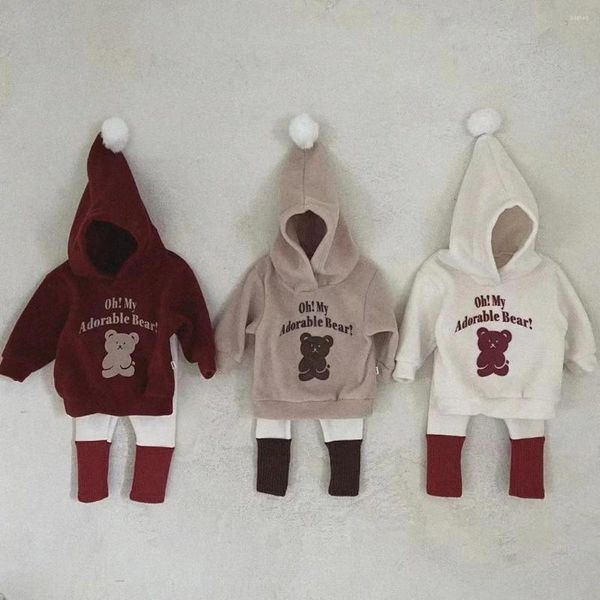 Set di abbigliamento autunno inverno peluche bei di orso grazioso baby maglione con cappuccio pantalone rosso anno di Natale abiti per ragazzi ragazze