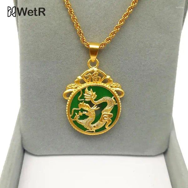 Colares pendentes chineses de pedra verde de pedra verde dragão dourado para homens amante animal amante de animais Lucky Amulet Colar Acessórios Presente Presente