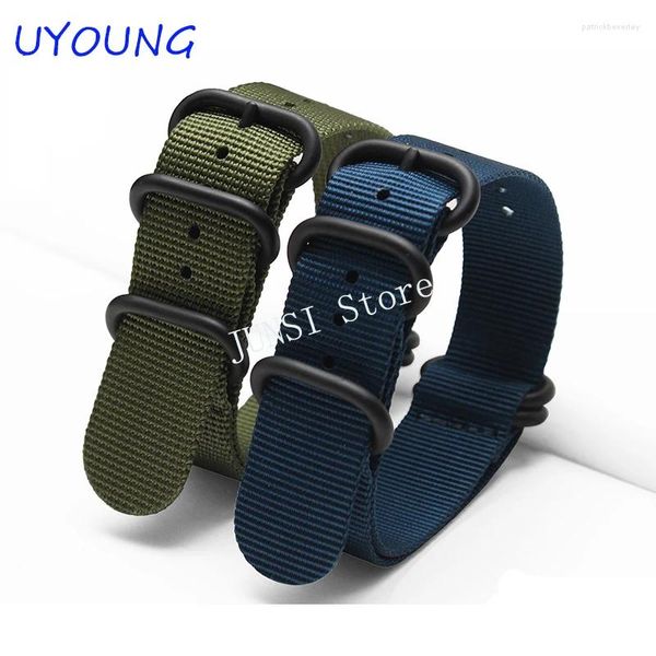 Assista Bandas Strap Nylon personalizado 18mm20mm22mm24mm azul 5 Ring Watch Band à prova d'água com corrente de fivela de aço inoxidável