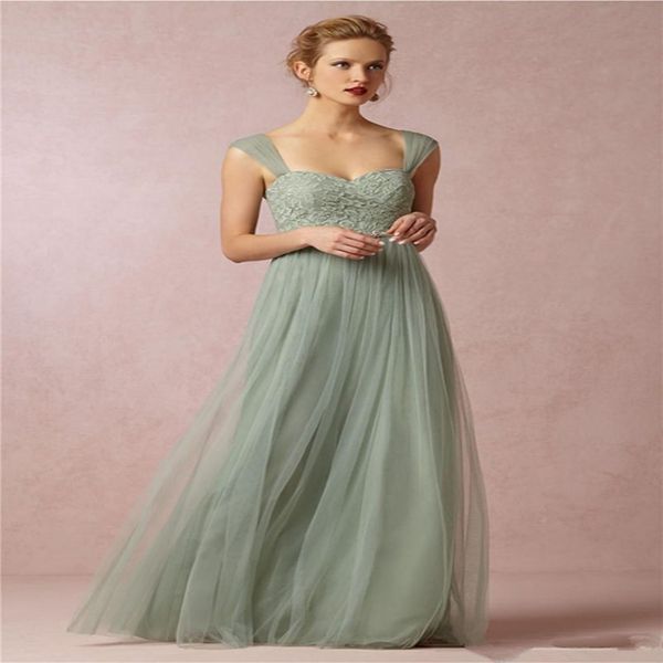 2020 New Sage Green Princess Long Brautjungfer Kleider Spaghetti -Gurt Spitze Tüll eine Linie Mädchen formale Hochzeitsfeier Kleid Abschluss Dre 314e