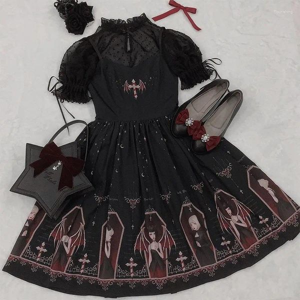 Abiti casual vestito da stampa gotica scura in stile giapponese nero lolita jsk stender vittoriano loli sexy sweet goth bendage