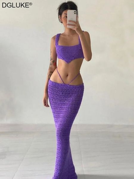Фиолетовый вязаный вязаный 2 кусок летние наряды для женщин сексуально вязание крючком для пляжного пляжного выхода из длинной юбки и укороченная 240429